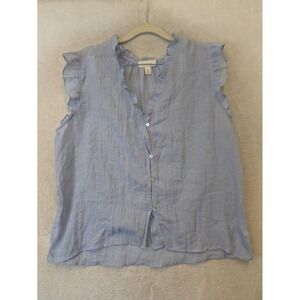 Tamara H. Blouse Women's Large Blue Ruffle V-Neck Cap Sleeve Button Up Gauze